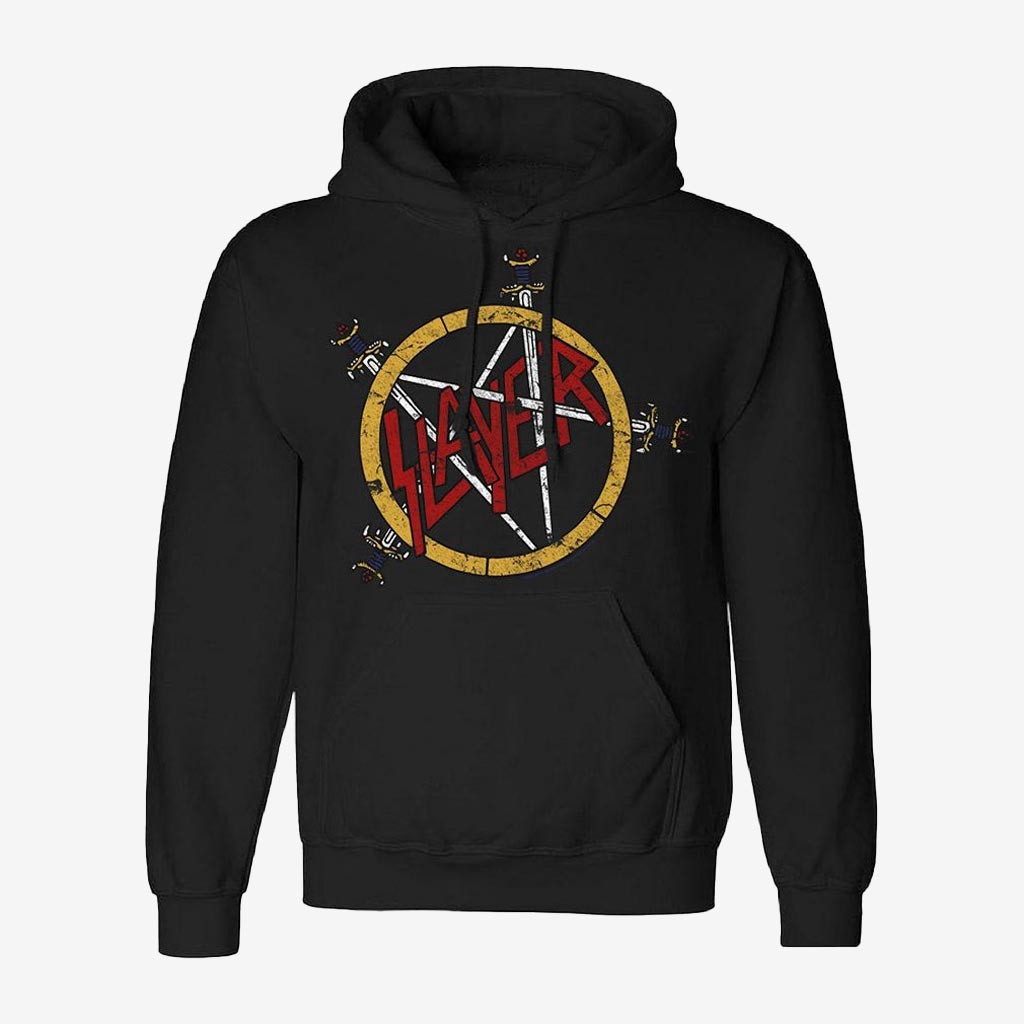 Cold Cuts Merch Slayer Pentagram Distressed Hoodie Pentagram Distress Hooded Sweatshirt
