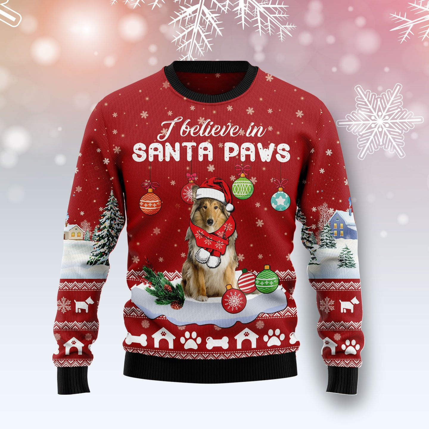 Collie Believe In Santa Paws Ugly Christmas Sweater