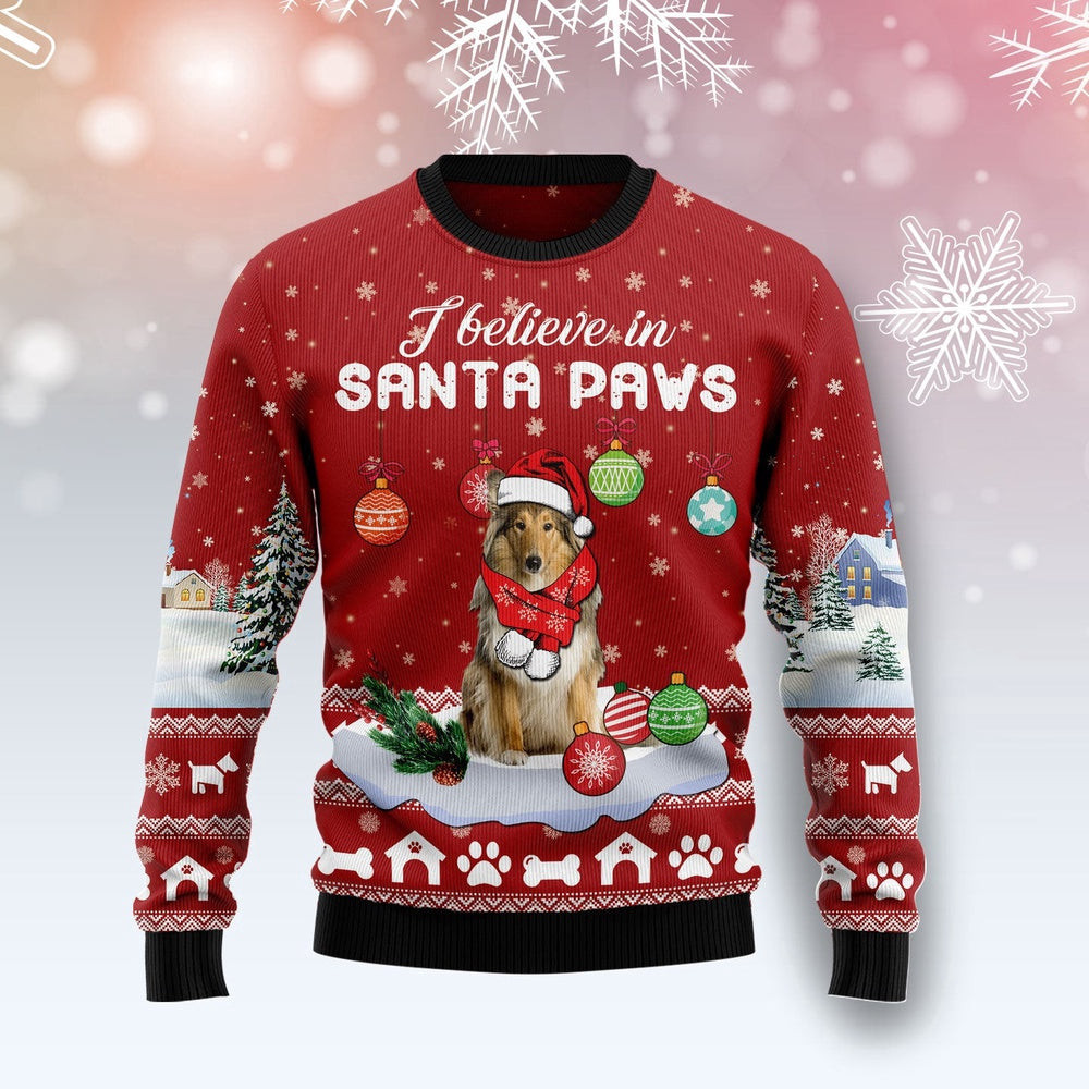 Collie I Believe In Santa Paws Ugly Christmas Sweater Gift For Christmas