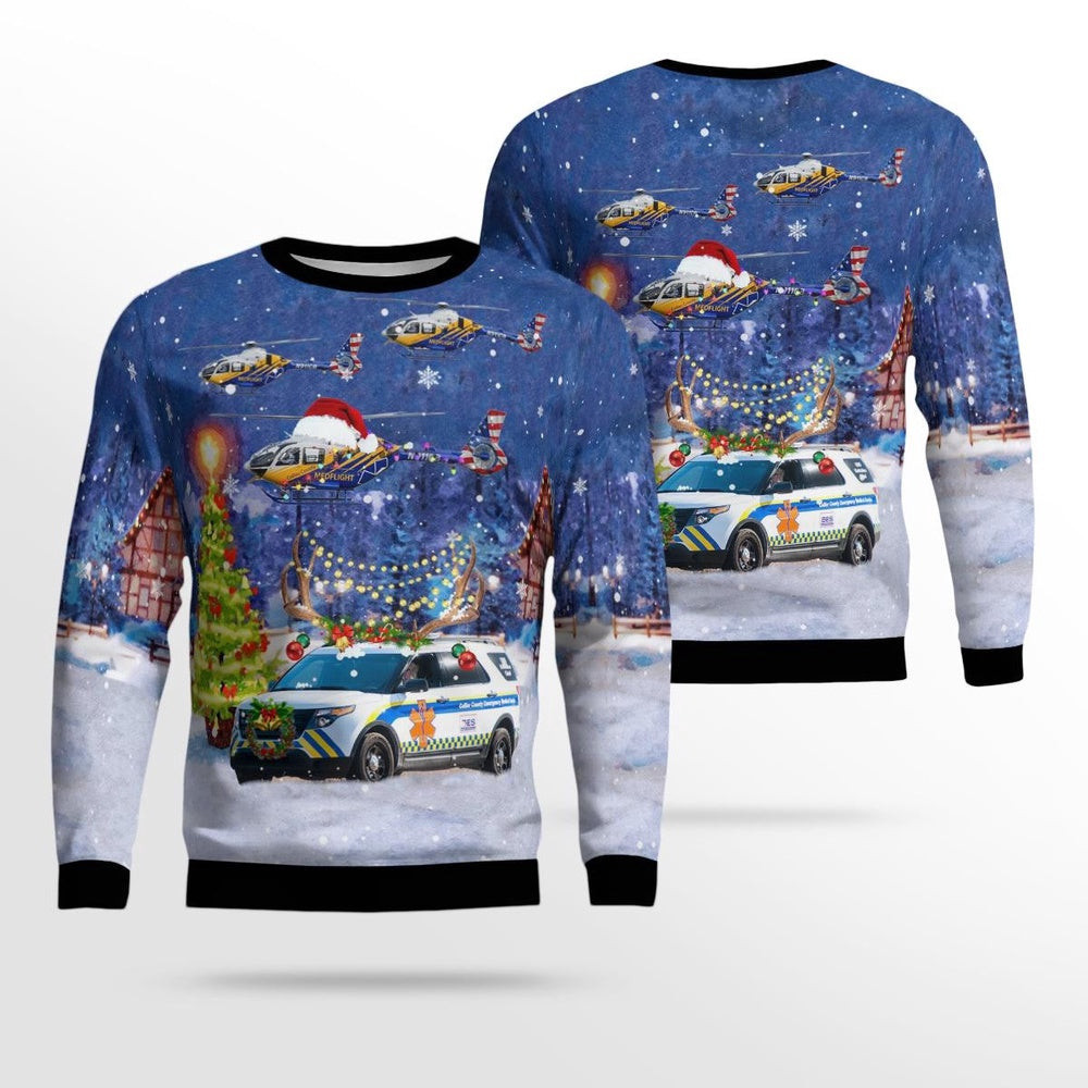 Collier County EMS Ford Explorer & N9CB Airbus Helicopters Christmas AOP Ugly Sweaters Christmas Unisex Sweaters Gift For Christmas