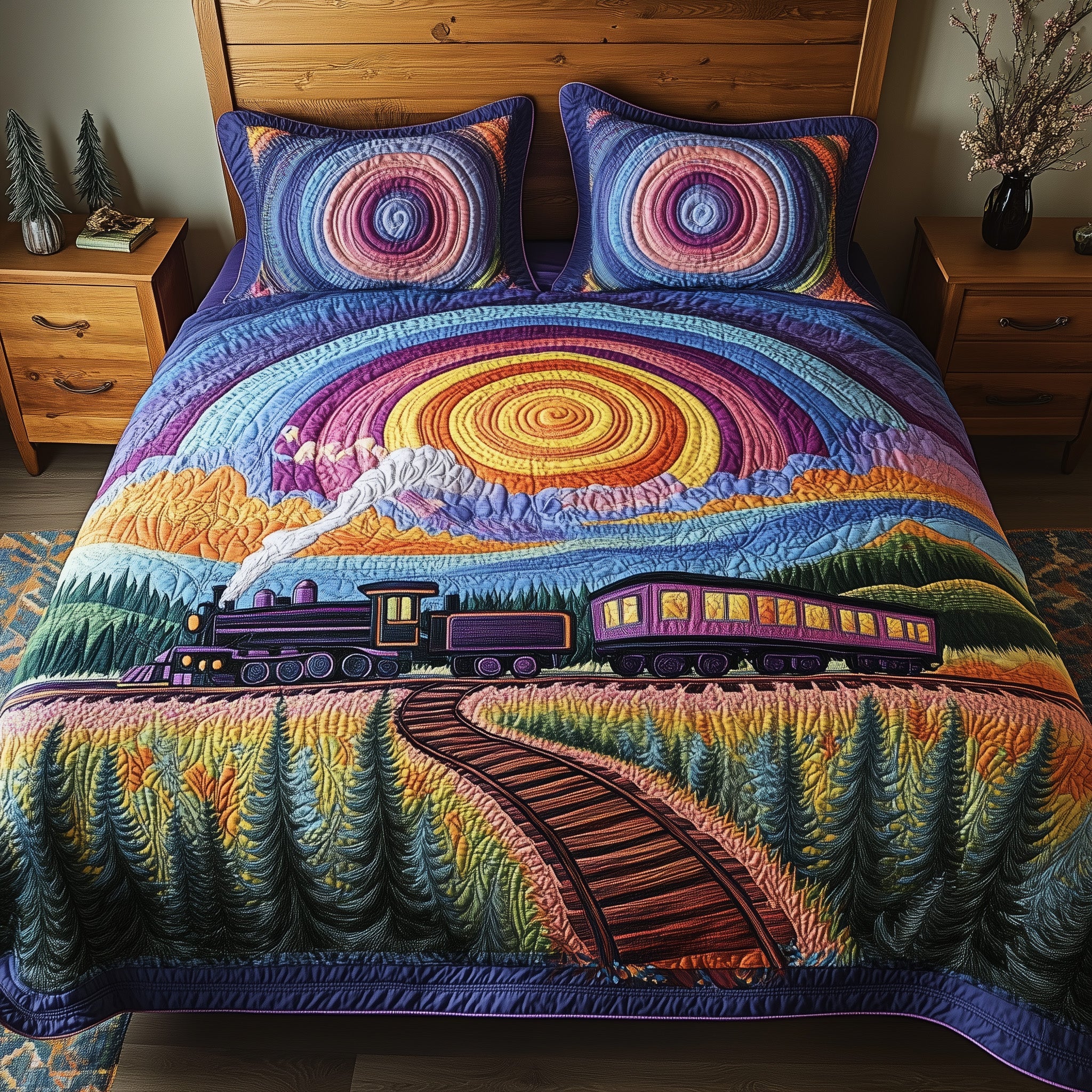 Colorburst Express Quilted Bedding Set Duvet Cover Merchandise Train Related Gifts