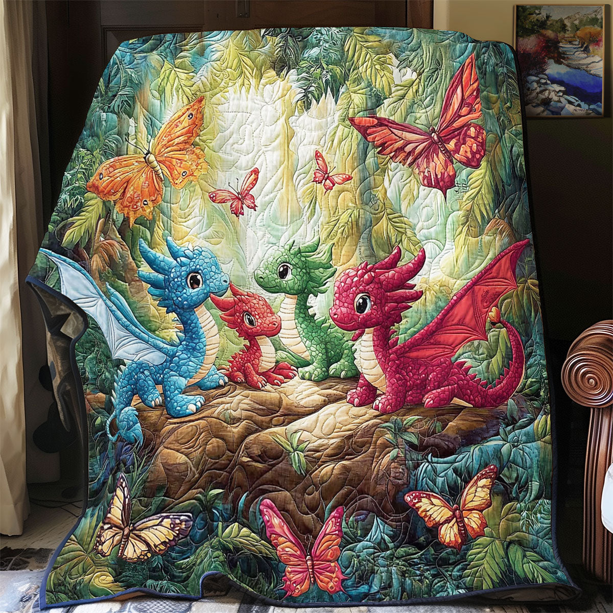 Colorful Baby Dragon Quilt Blanket Queen Size Blanket Birthday Presents For Dragon Lovers