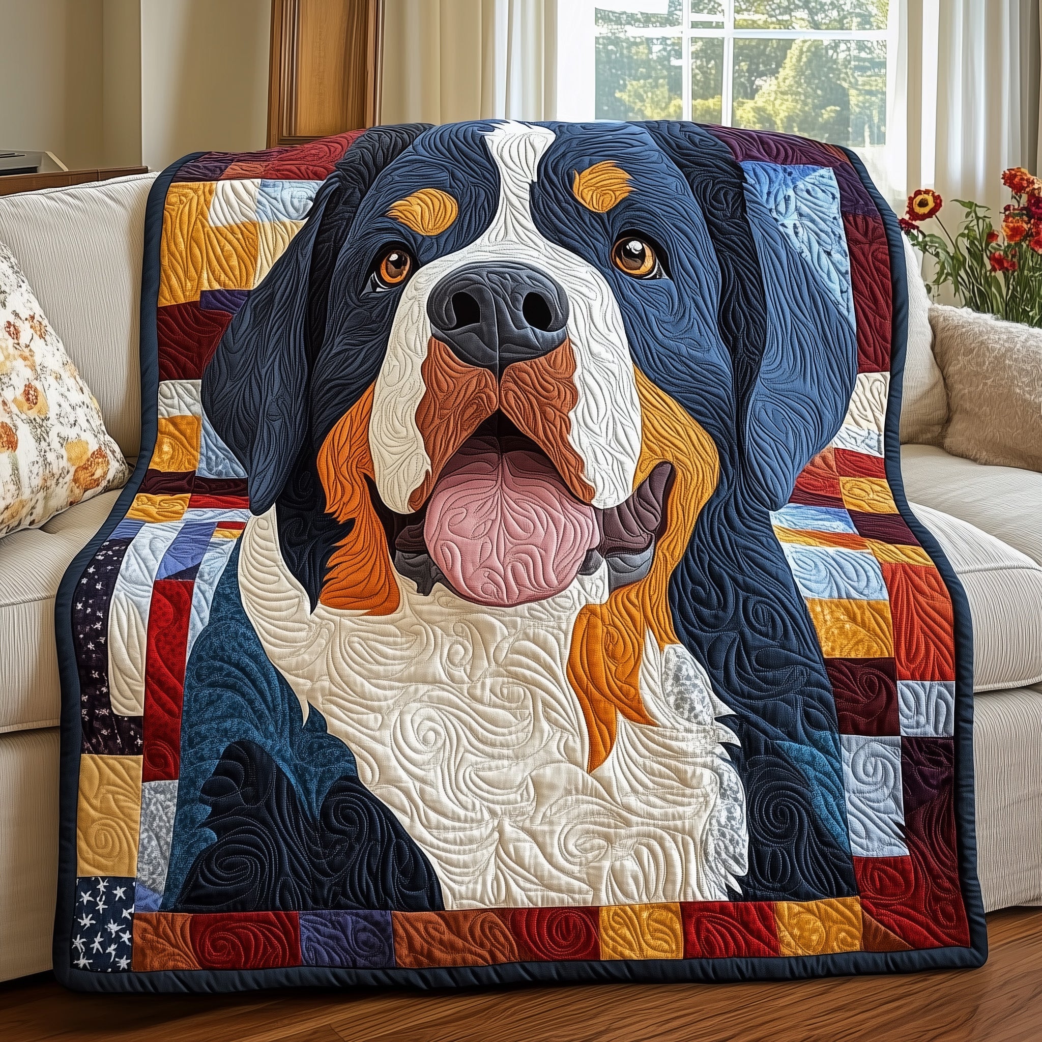 Colorful Bernese Mountain Dog Quilted Blanket Couch Throw BlanketGift Ideas For Dog Lovers