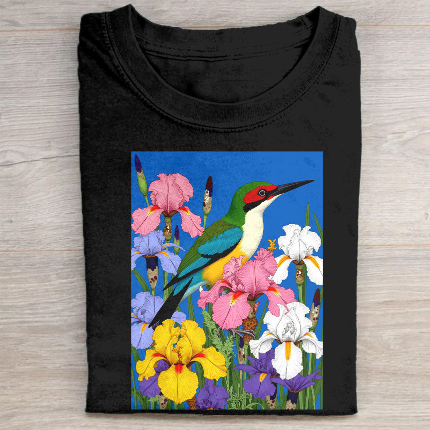 Colorful Bird And Iris Flowers Graphic T-Shirt Nature Lovers Merch Best Gift For Women