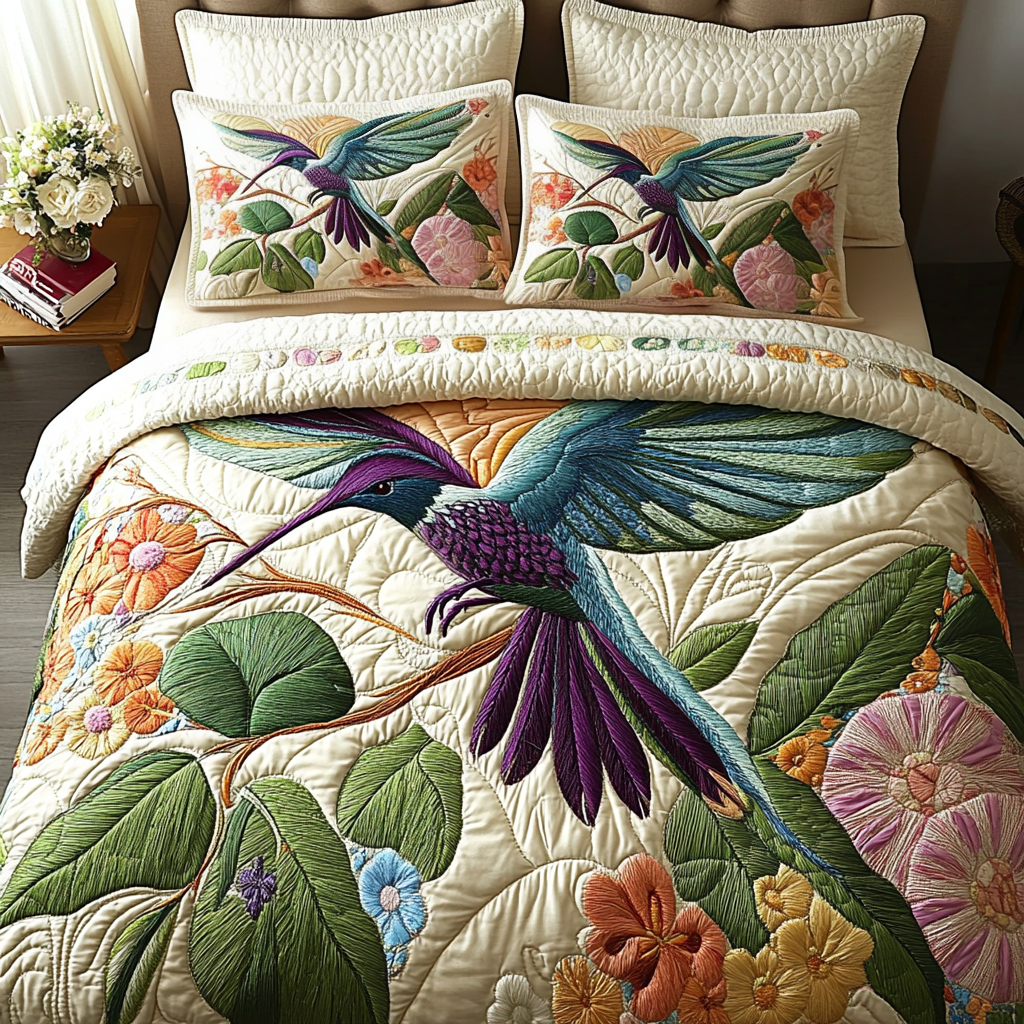 Colorful Bloom Quilted Bedding Set Unique Bed Sheet Set Cool Gifts For Hummingbird Lovers