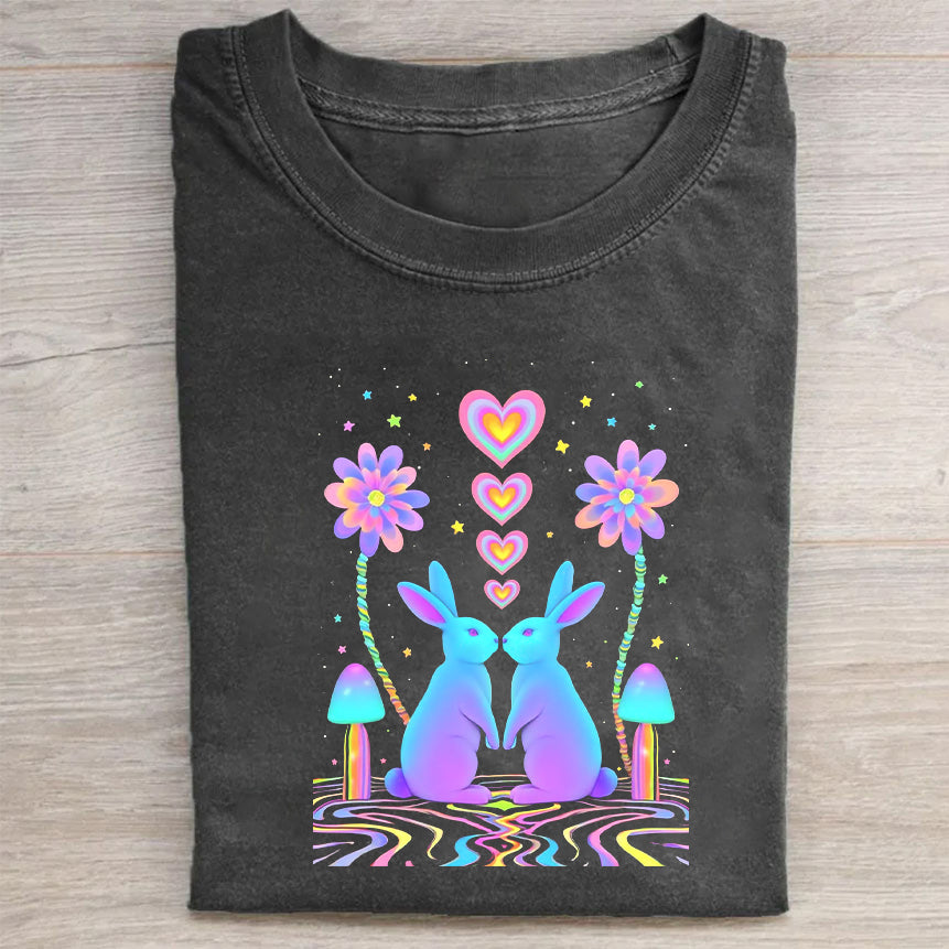 Colorful Bunny Rabbit With Flowers Graphic T-Shirt Cute Animal Merch Best Gift For Pet Lovers