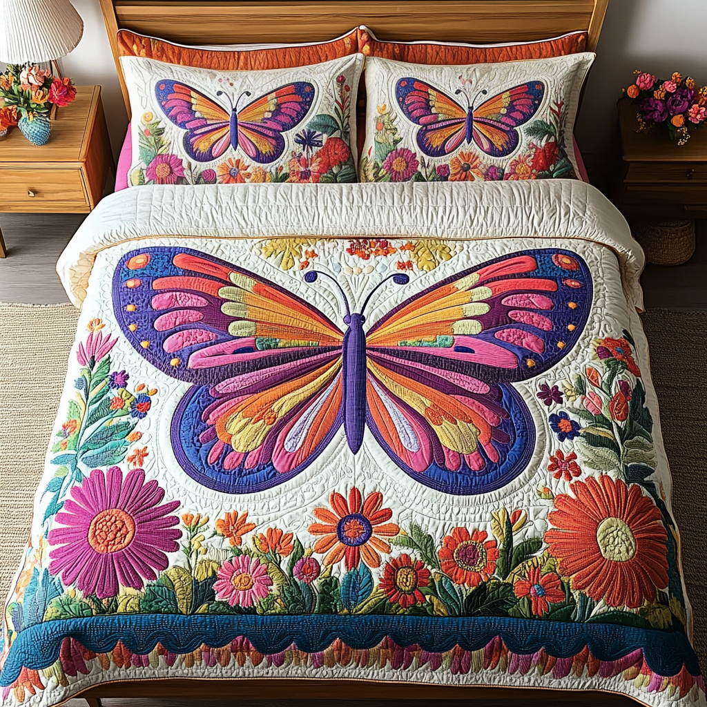 Colorful Butterflies Quilted Bedding Set Cozy Bedroom Decor Awesome Gifts For Butterfly Lovers