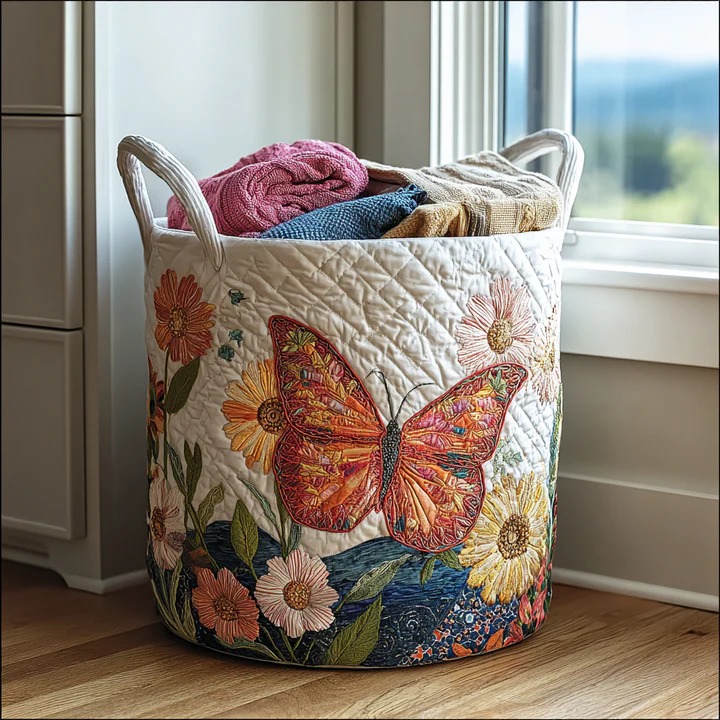Colorful Butterfly Flight Floral Quilted Laundry Basket Boho Home Storage Best Gift For Butterfly Lovers
