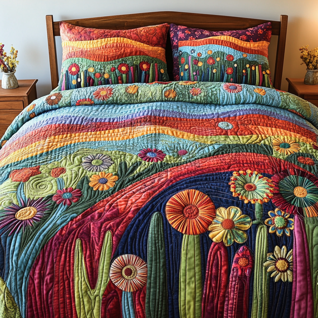 Colorful Cactus Field Quilted Bedding Set Holiday Duvet Covers Cute Cactus Gifts
