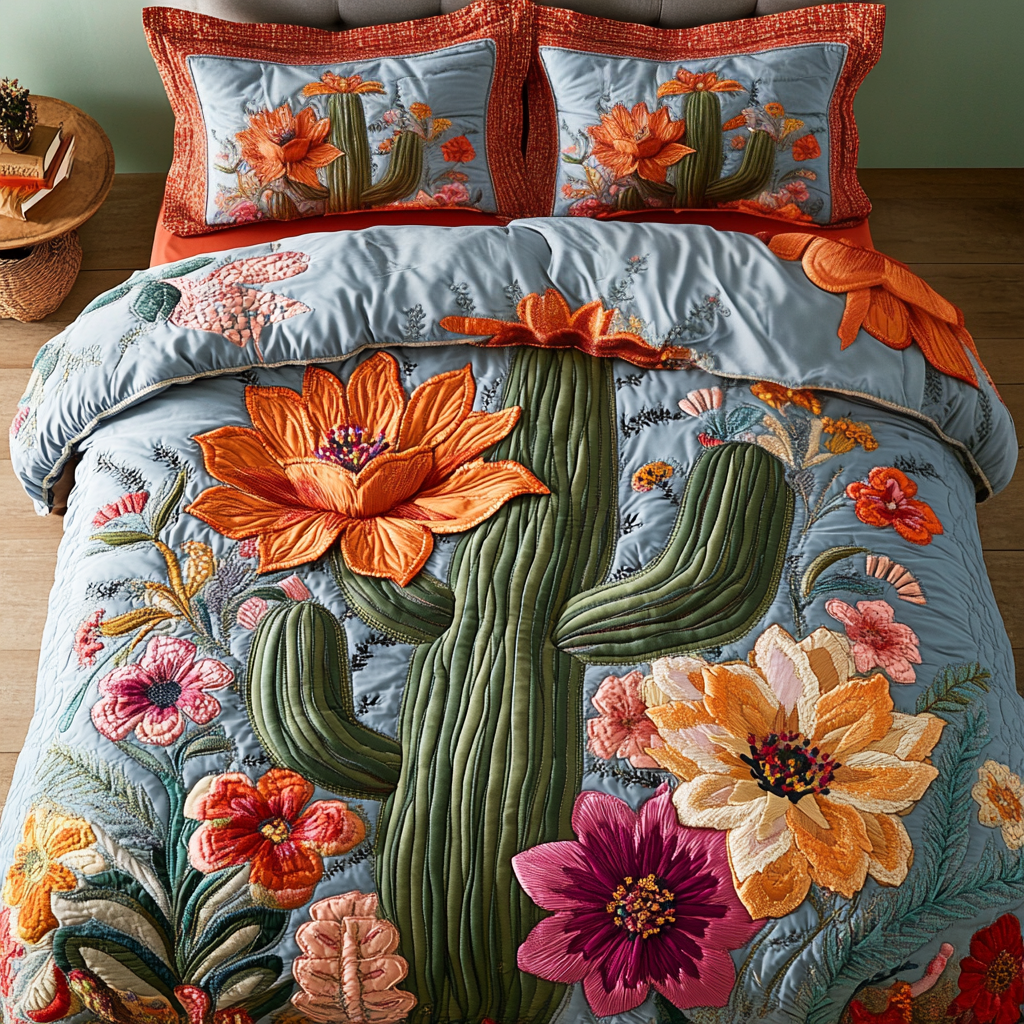 Colorful Cactus Quilted Bedding Set Holiday Duvet Cover Set Unique Cactus Gifts