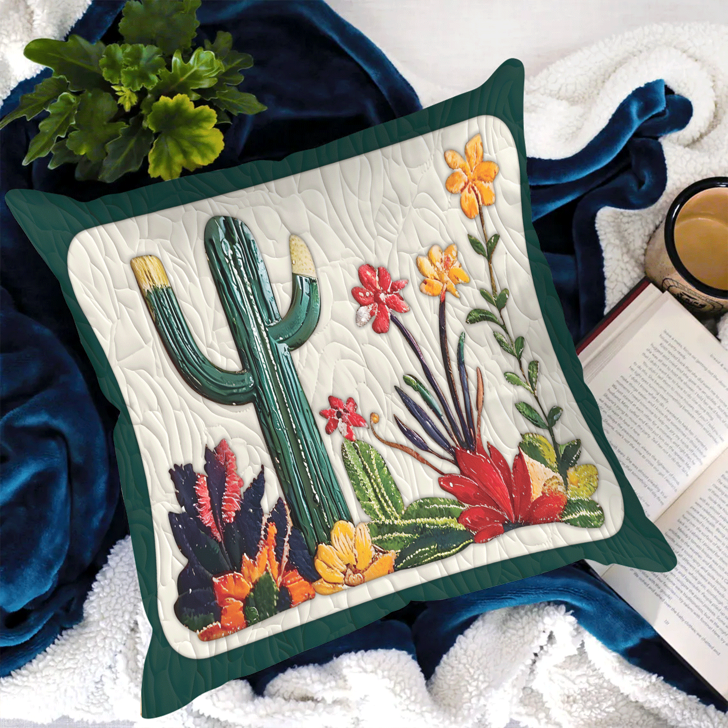 Colorful Cactus Quilted Pillow Case Holiday Season Cushion Cover
