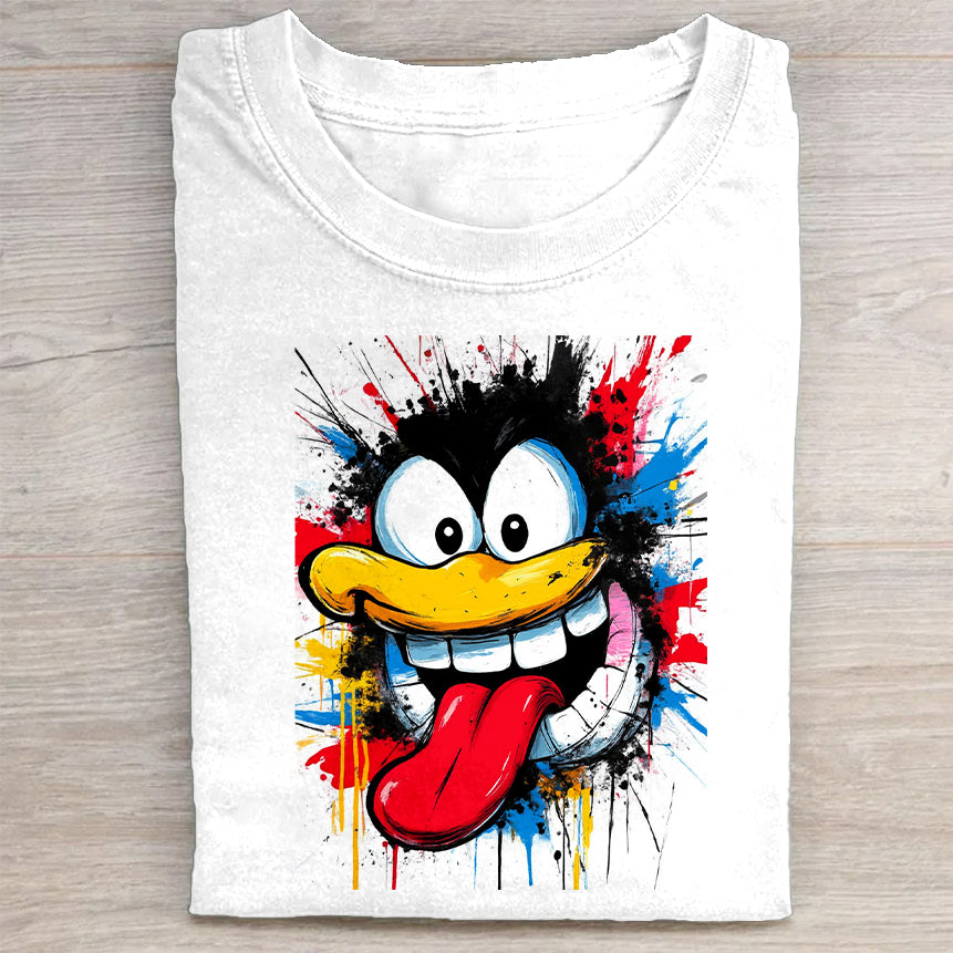 Colorful Cartoon Print White T-Shirt Funny Merch Best Gift For Cartoon Lovers