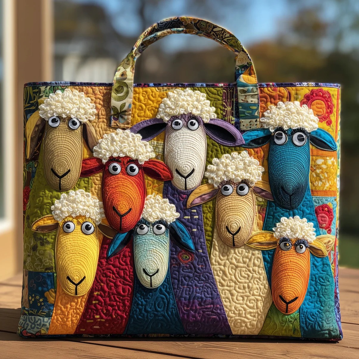 Colorful Cartoon Sheep Gang Quilted Tote Bag Funny Farm Animal Lover Country Nature Gift For Her