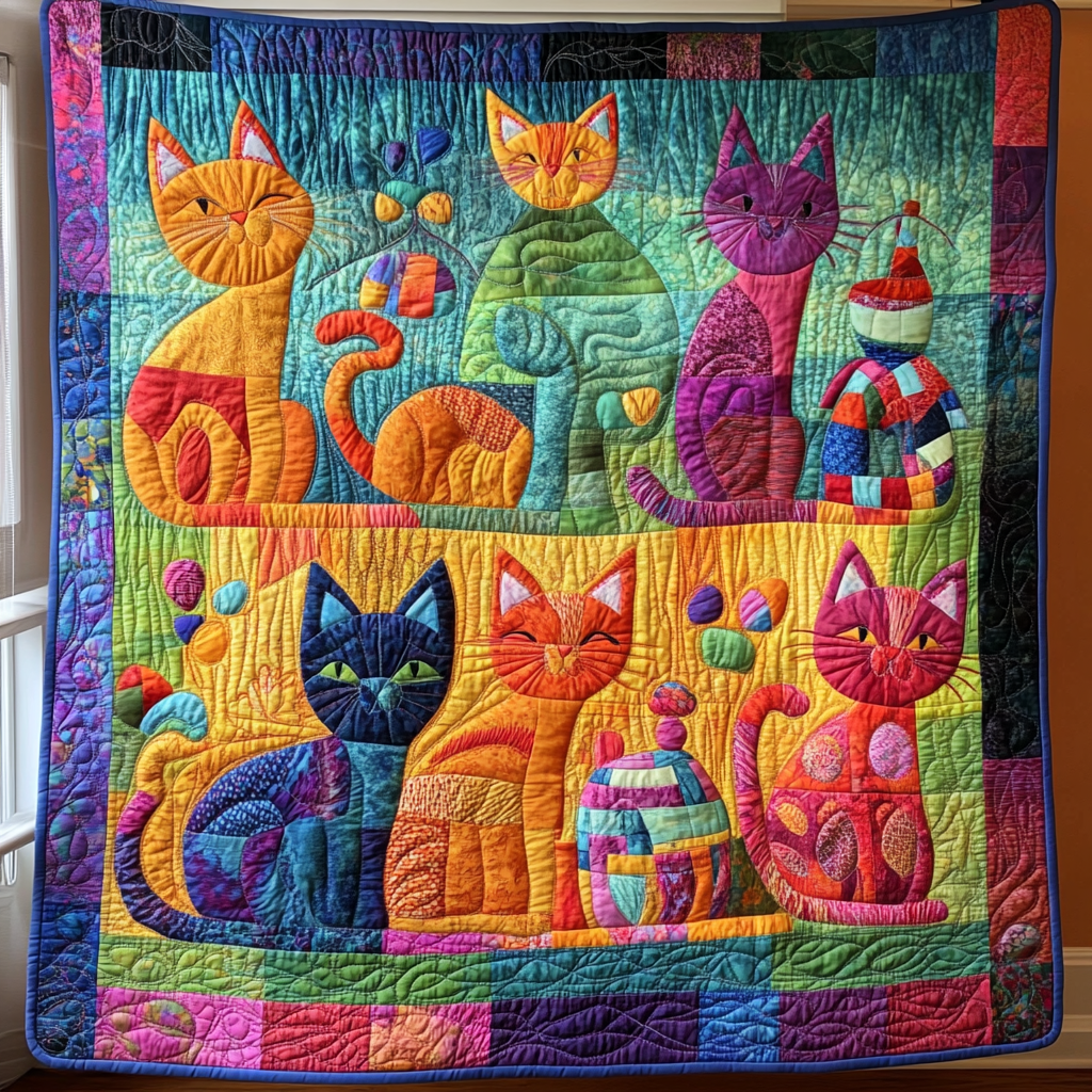 Colorful Cat And Yarns Quilted Blanket Cute Blankets For Her