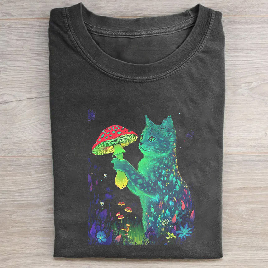 Colorful Cat Holding Mushroom Graphic T-Shirt Funny Cat Merch Best Gift For Animal Lovers