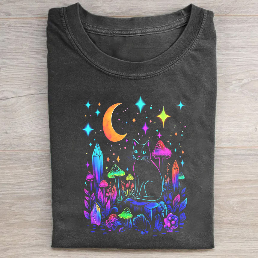 Colorful Cat In Mushroom Forest Graphic T-Shirt Creative Cat Lovers Merch Best Gift For Pet Owners