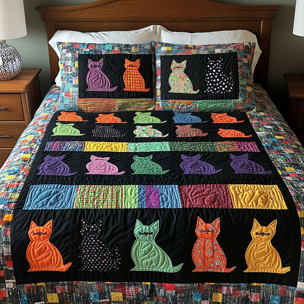 Colorful Cat Parade Quilted Bedding Set Cozy Bedroom Decor Christmas Gifts For Cat Lovers