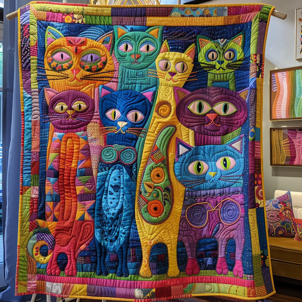 Colorful Cats and Flowers Quilted Blanket Unique Cat Gifts