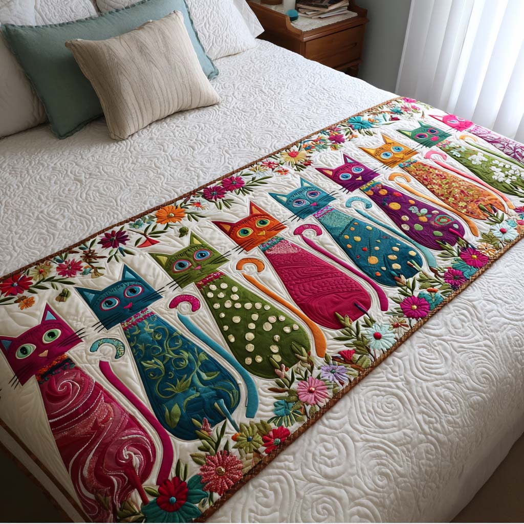 Colorful Cats Quilted Bed Runner Cozy Bedroom Decor Cat Gifts For Him Her