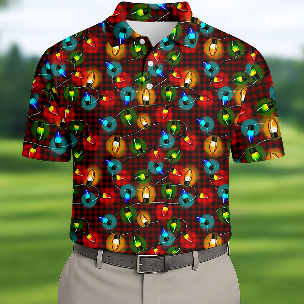 Colorful Christmas Light Plaid Men S Golf Polo Shirts Christmas Golf Shirt Polo Shirts For Men