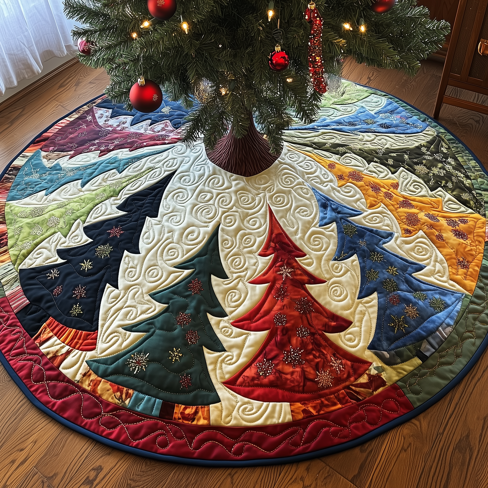 Colorful Christmas Trees Quilted Tree Skirt Xmas Tree Base Cover Decorating Ideas 2025 Great Xmas Gifts