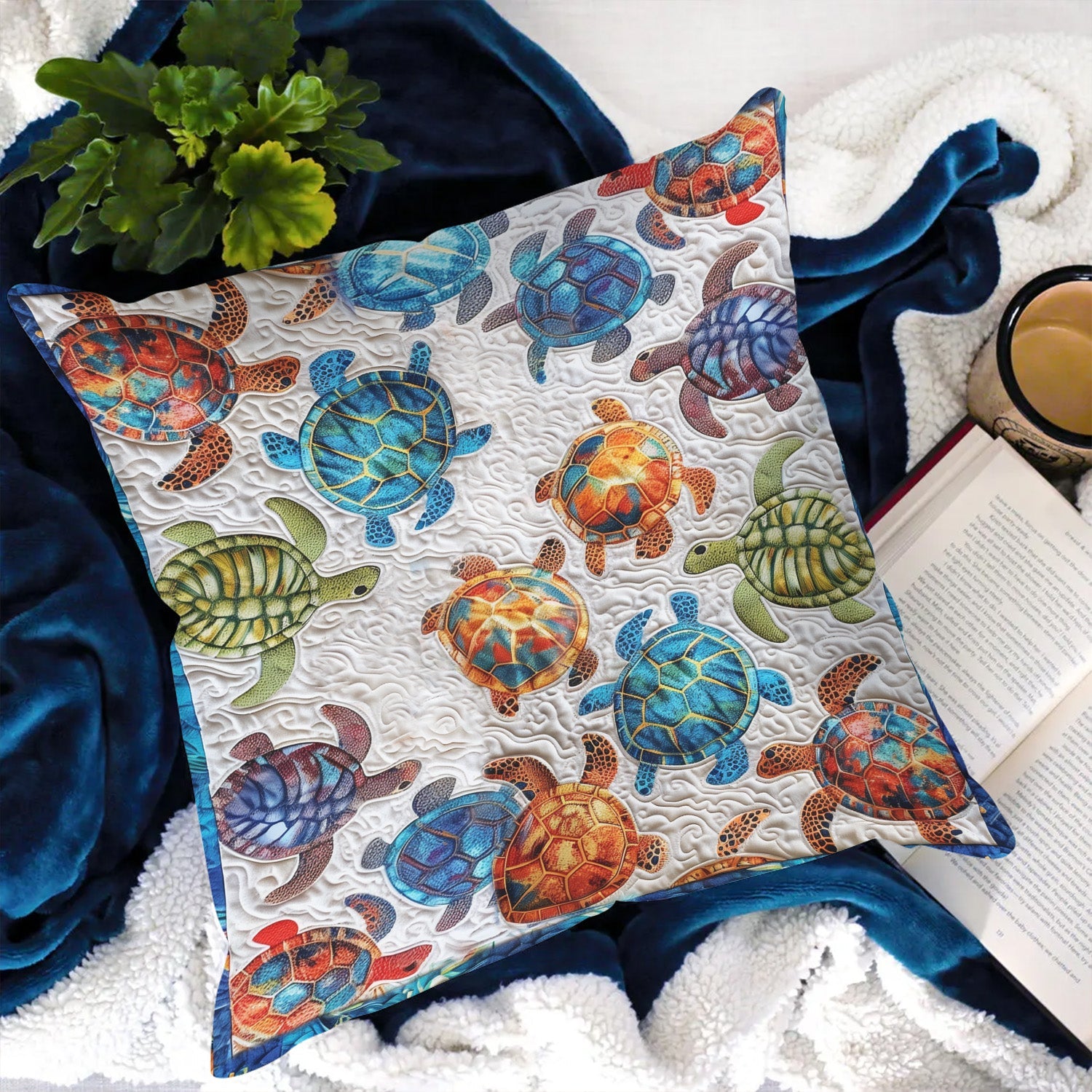 Colorful Coastal Turtle Quilted Pillow Case Festive Holiday Throw Pillow