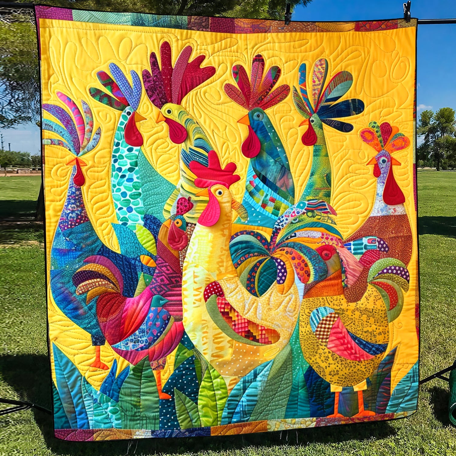 Colorful Cockcrow Quilted Blanket Chicken Gifts For Chicken Lovers