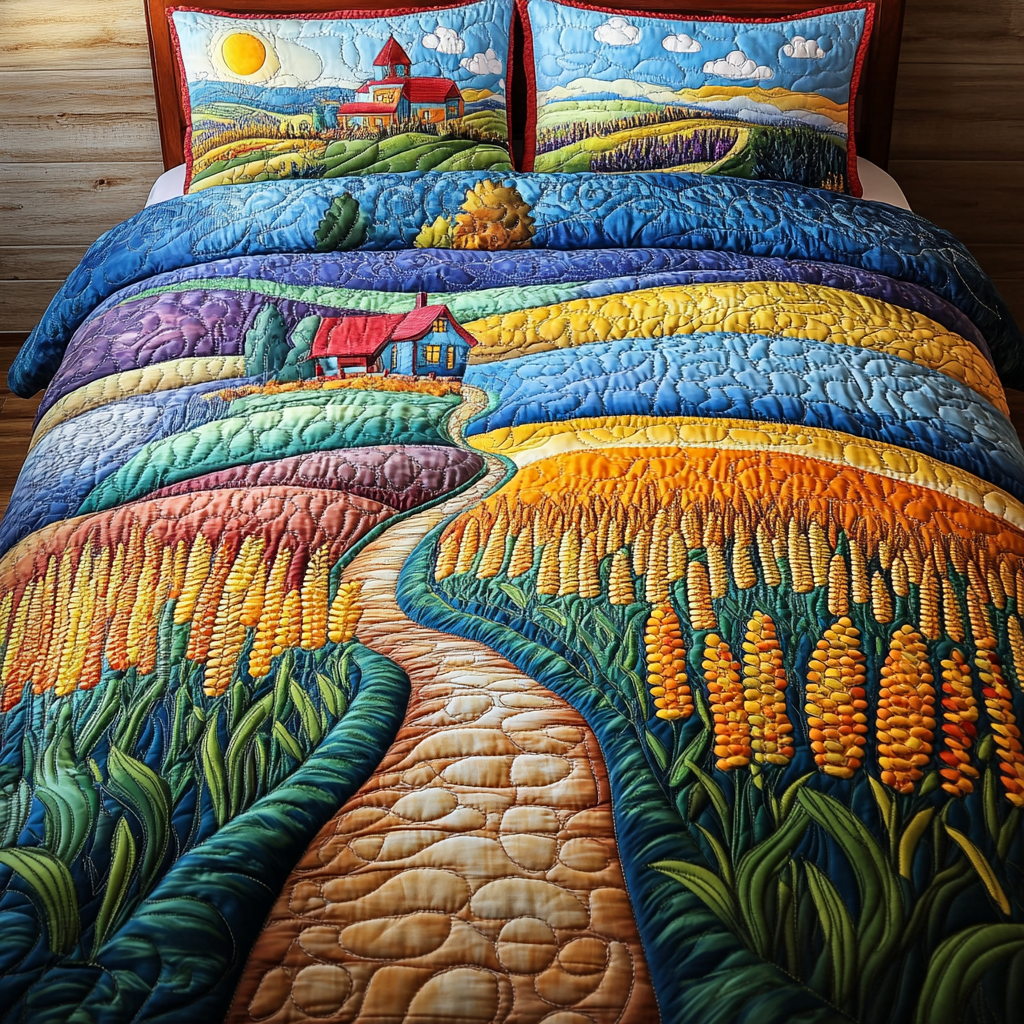 Colorful Country Path Quilted Bedding Set Bedroom Farmhouse Decor Ideas Unique Gifts Family