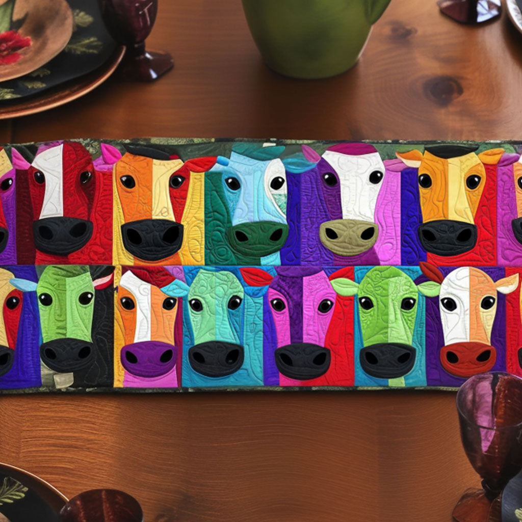 Colorful Cow Faces Quilted Table Runner Farmhouse Table Runner Gift For Cow Lover