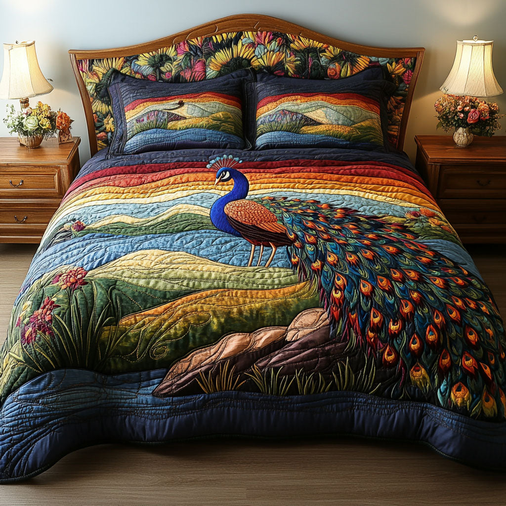 Colorful Crest in the Wild Quilted Bedding Set Best Bedspread Set Peacock Themed Gifts