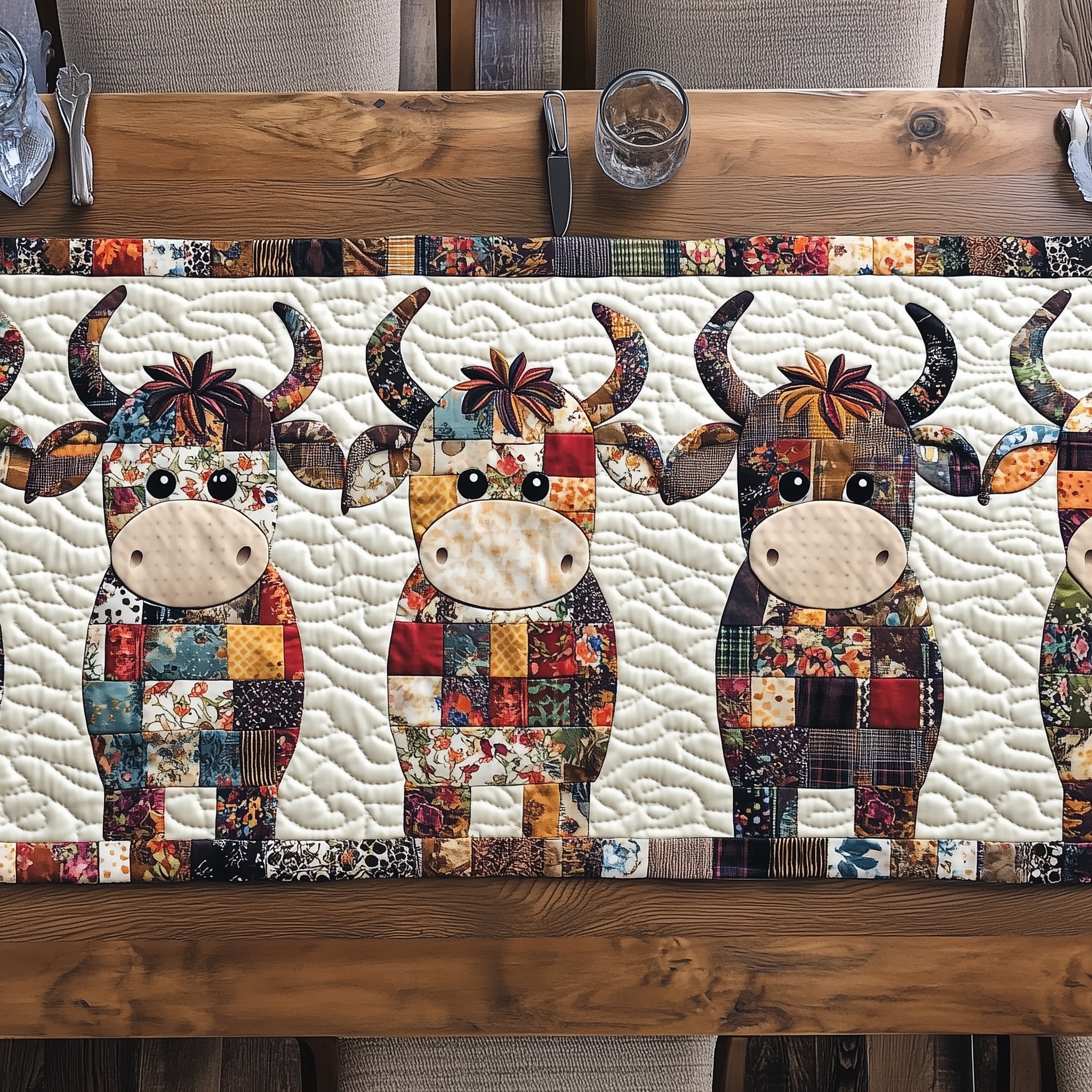 Colorful Cuddle Cows Quilted Table Runner Holiday Dinner Table Runner