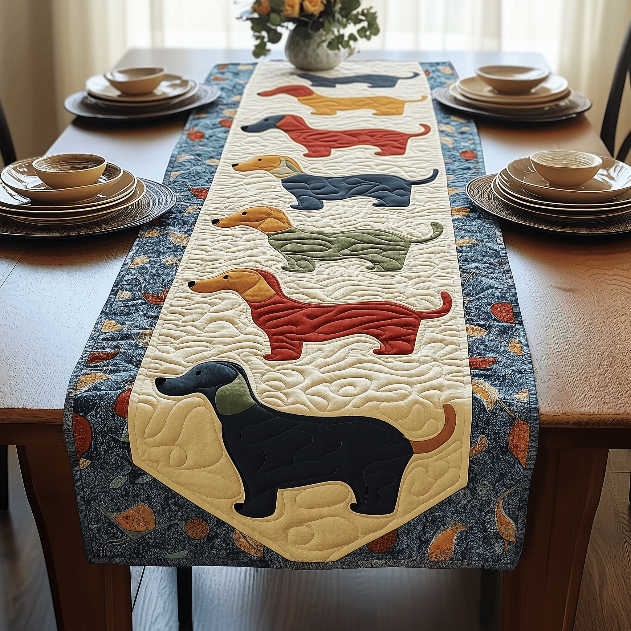 Colorful Dachshund Quilted Table Runner Cute Dachshund Products Merchandise Christmas Gifts