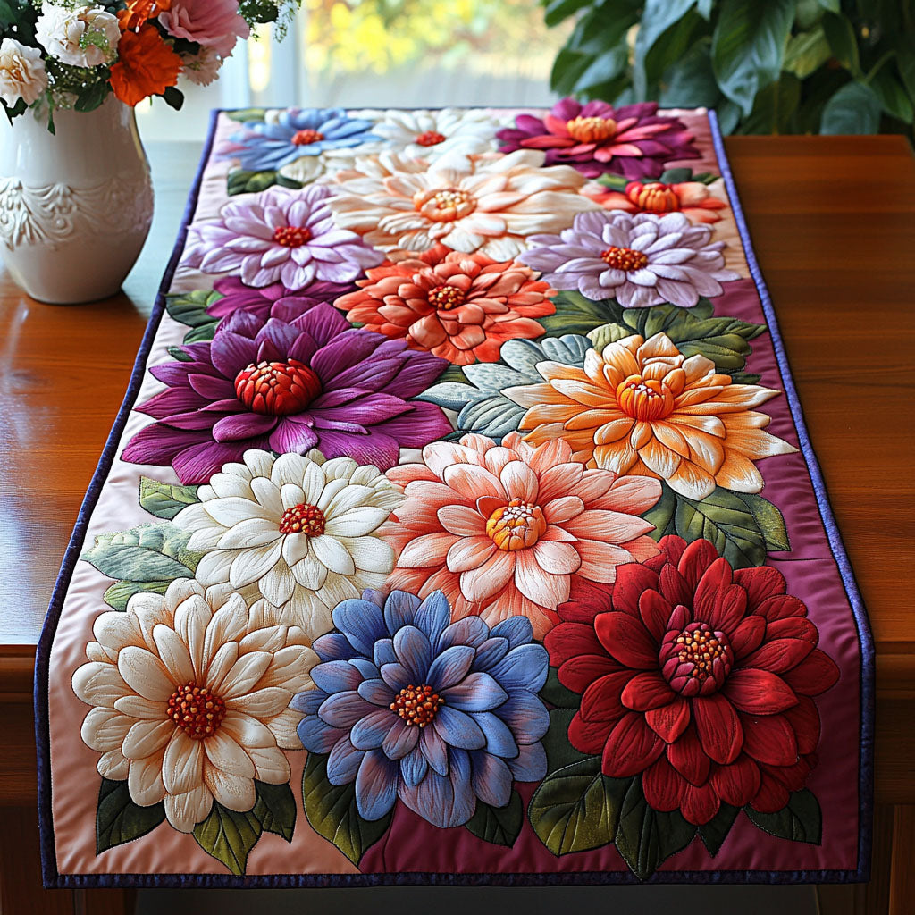 Colorful Dahlia Mix Quilted Table Runner Flower Table Runner Gifts For Mom
