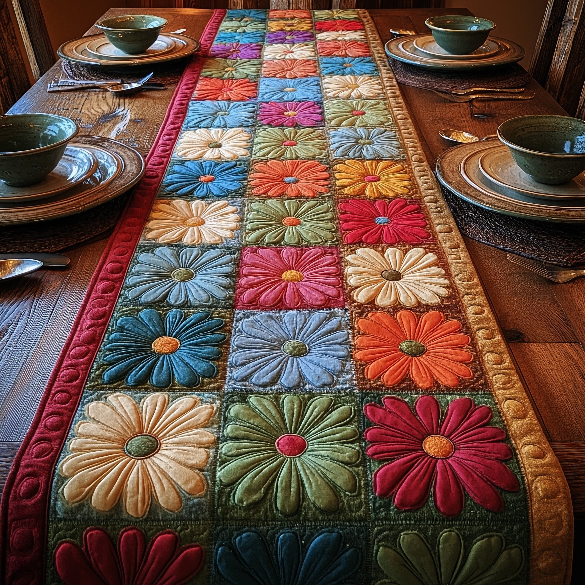 Colorful Daisy Quilted Table Runner Christmas Theme Table Runner