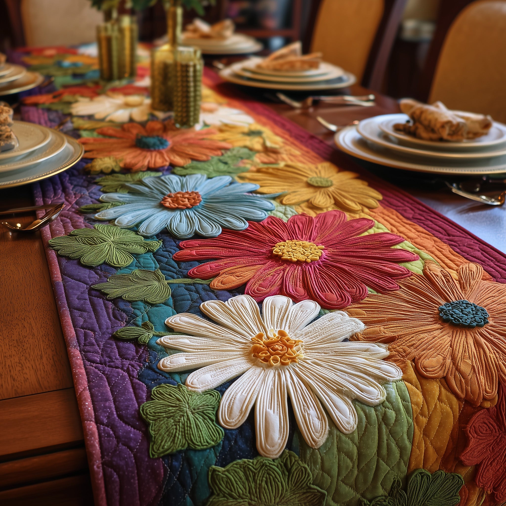 Colorful Daisy Quilted Table Runner Cozy Winter Table Runner for Home