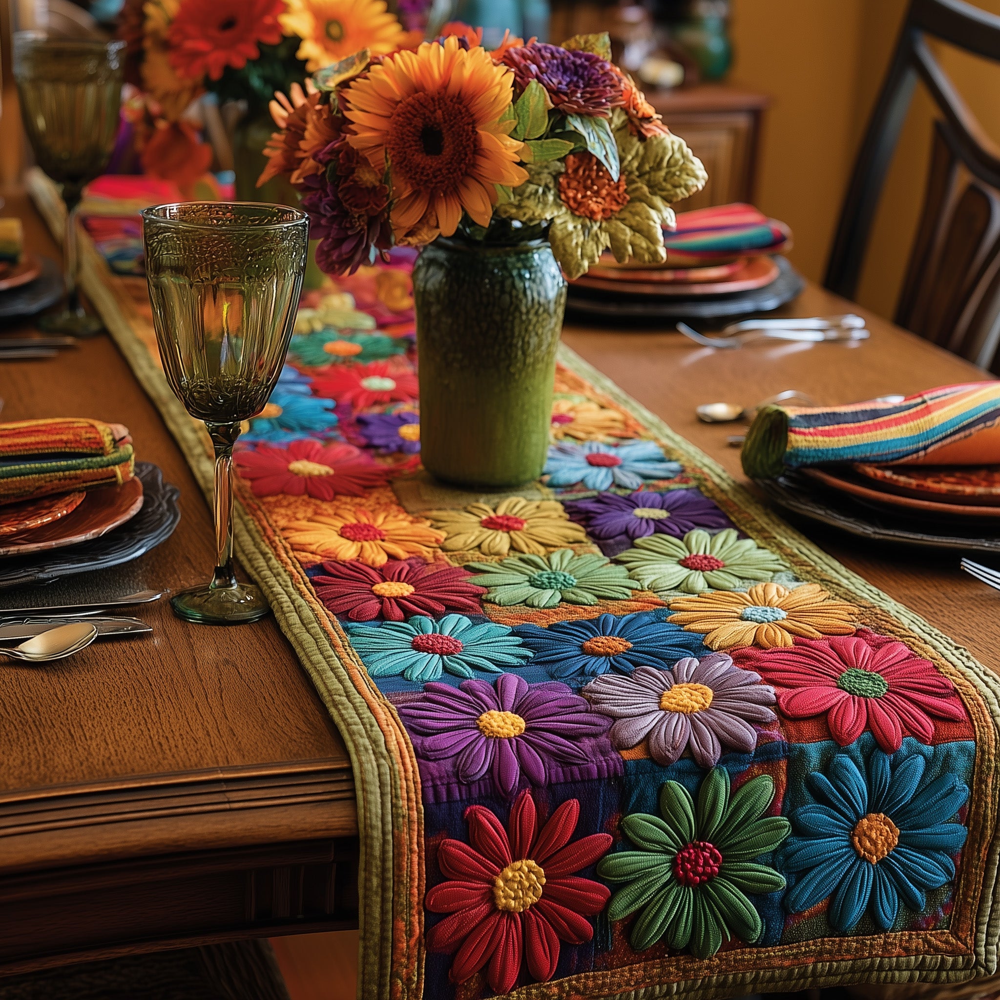 Colorful Daisy Quilted Table Runner Festive Holiday Table Runner Decor