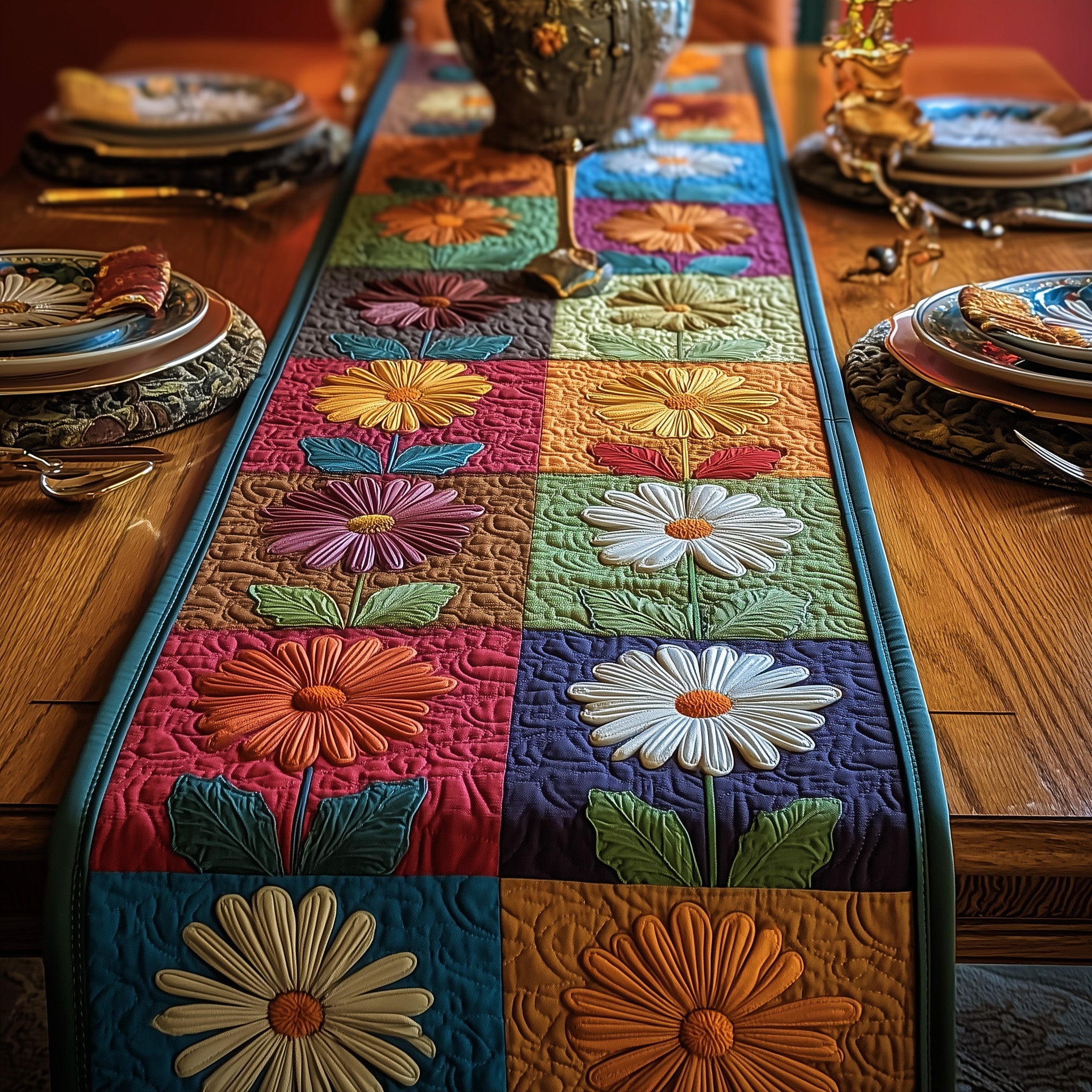Colorful Daisy Quilted Table Runner Holiday Table Runner Gift Idea