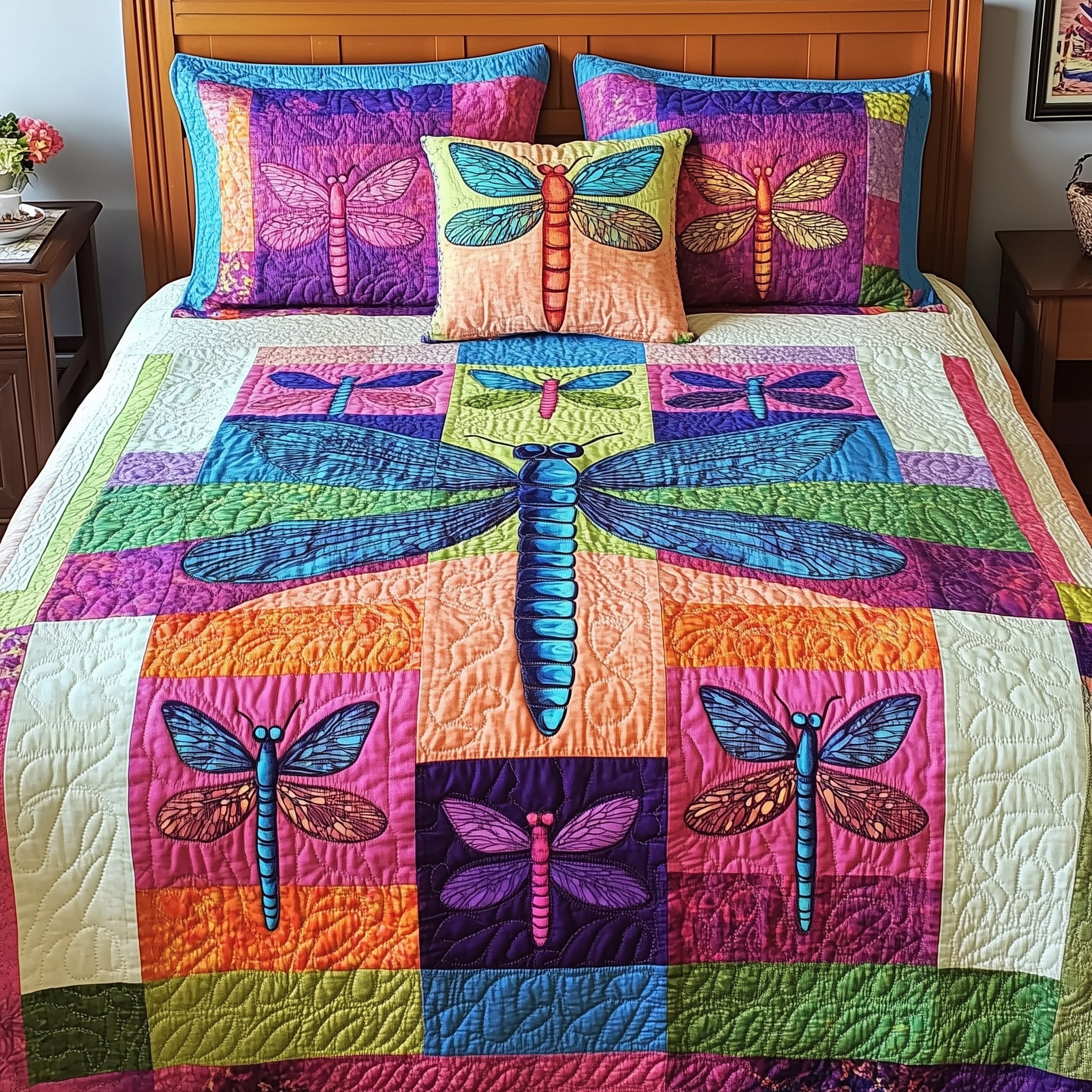 Colorful Dragonfly Dreams Quilted Bedding Set Duvet Cover Bed Sheet Dragonfly Gifts For Her