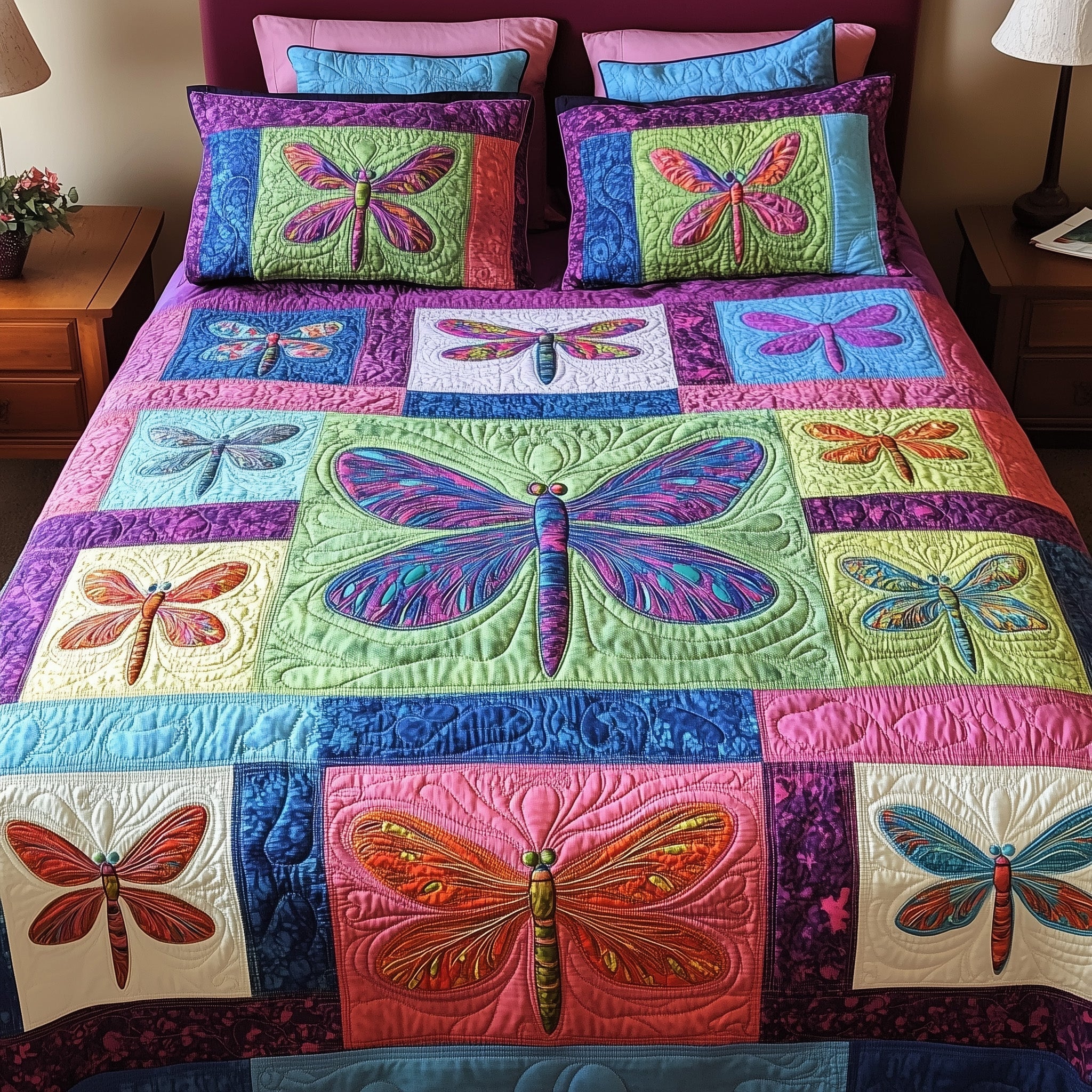 Colorful Dragonfly Dreams Quilted Bedding Set Duvet Cover Bed Sheet Dragonfly Mother's Day Gifts