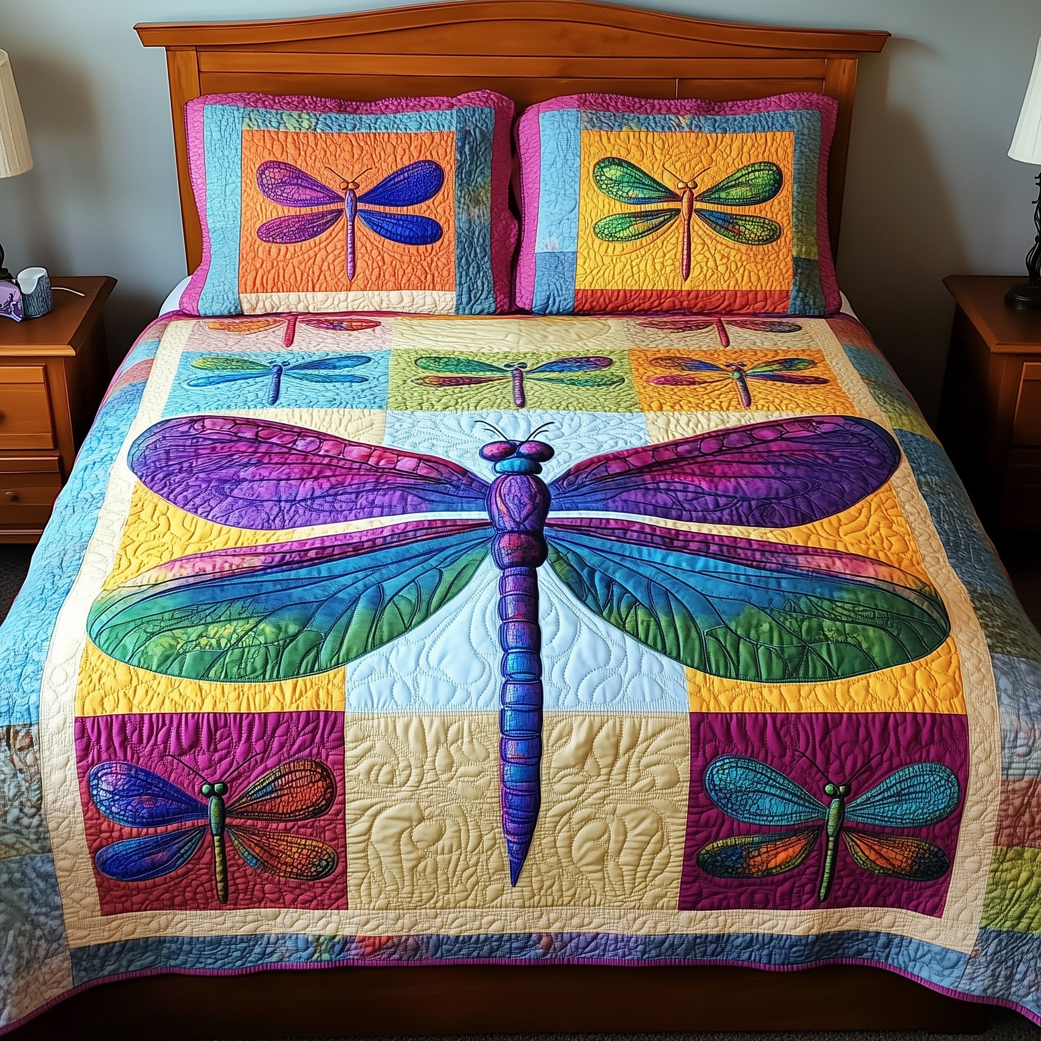 Colorful Dragonfly Dreams Quilted Bedding Set Duvet Cover Bed Sheet Dragonfly Themed Gift Items