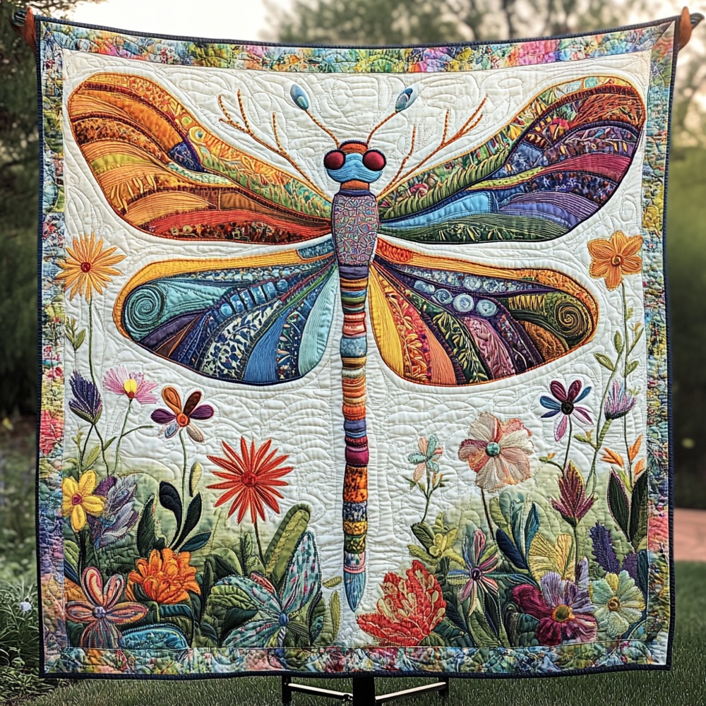 Colorful Dragonfly Garden Quilted Blanket Nature Boho Art Cozy Throw Best Gift For Dragonfly Lovers