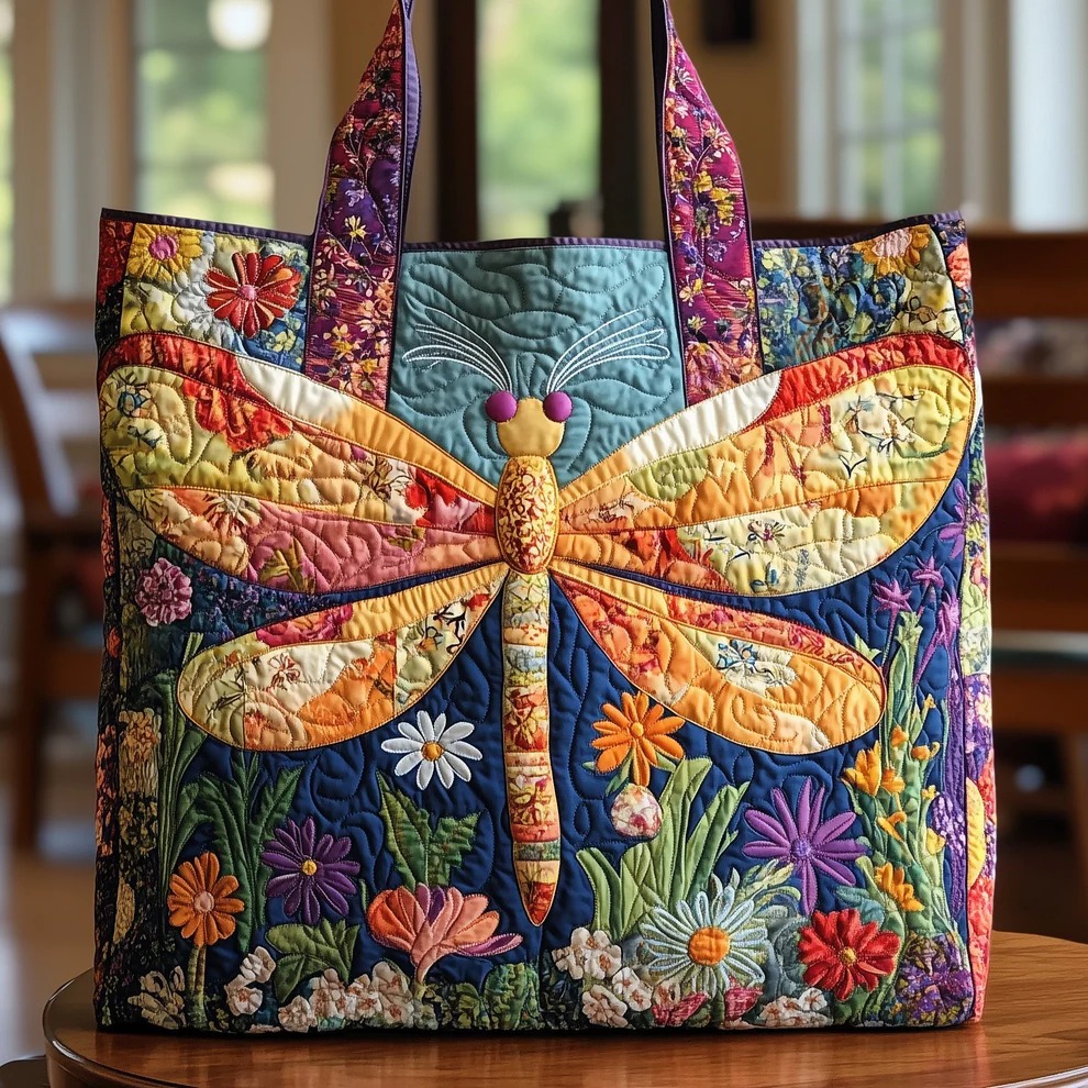 Colorful Dragonfly Wildflower Quilted Tote Bag Nature Boho Garden Floral Lover Outdoor Gift For Mother
