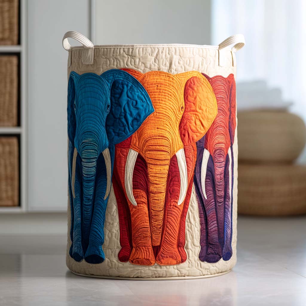 Colorful Elephant Quilted Laundry Basket Excellent Gift For Her