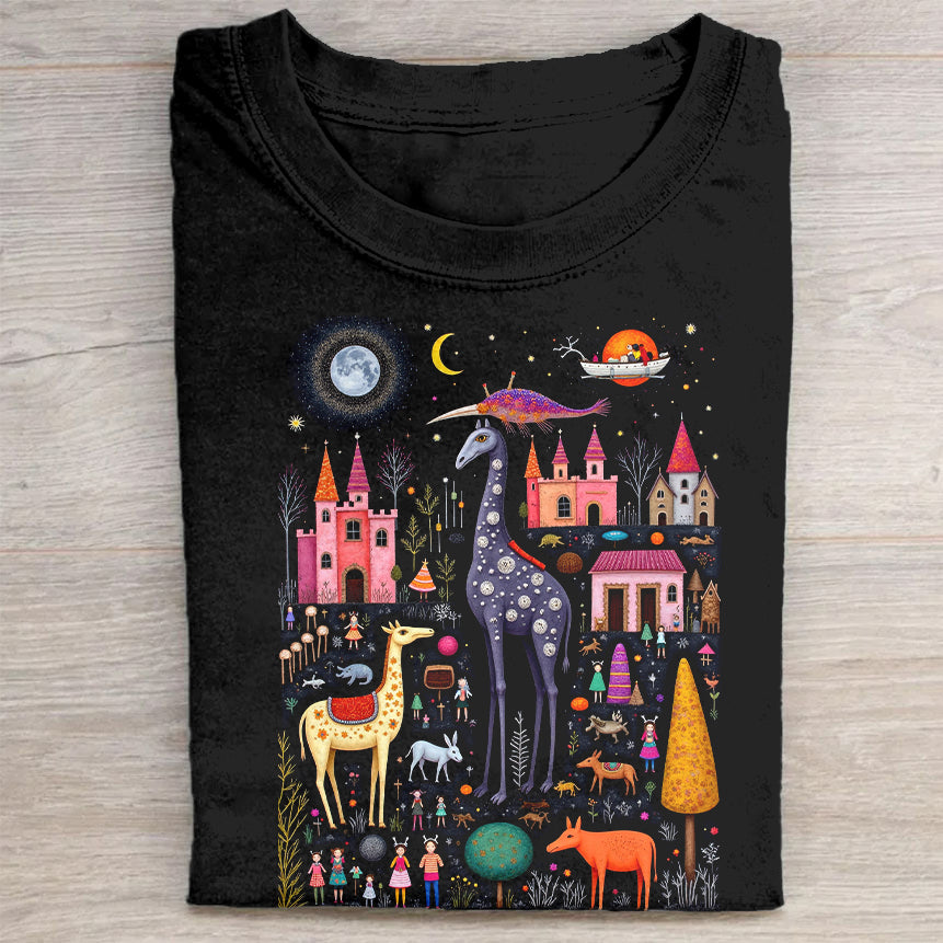 Colorful Fantasy Animal Night Scene Graphic T-Shirt Creative Merch Best Gift For Fantasy Lovers