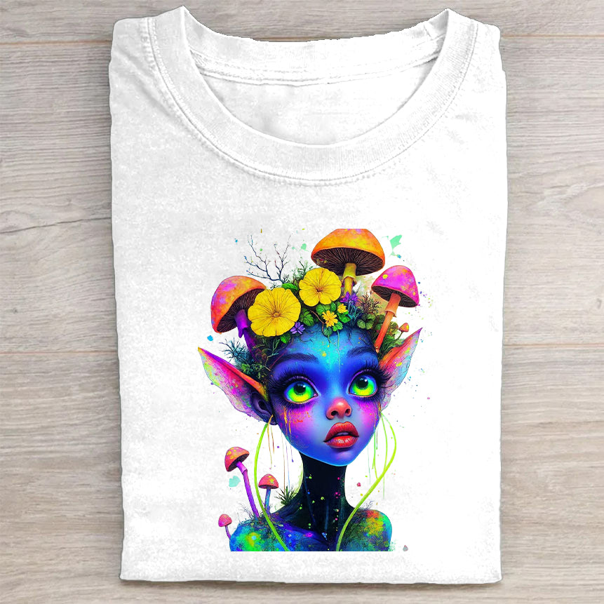 Colorful Fantasy Woman With Flowers And Mushrooms Art Print T-Shirt Artistic Merch Best Gift For Women