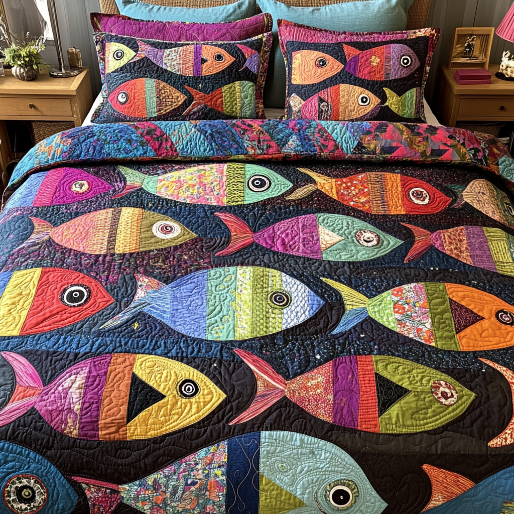 Colorful Fishes Quilted Bedding Set Best Bed Sheet Set Gift Ideas For Fishing Lovers