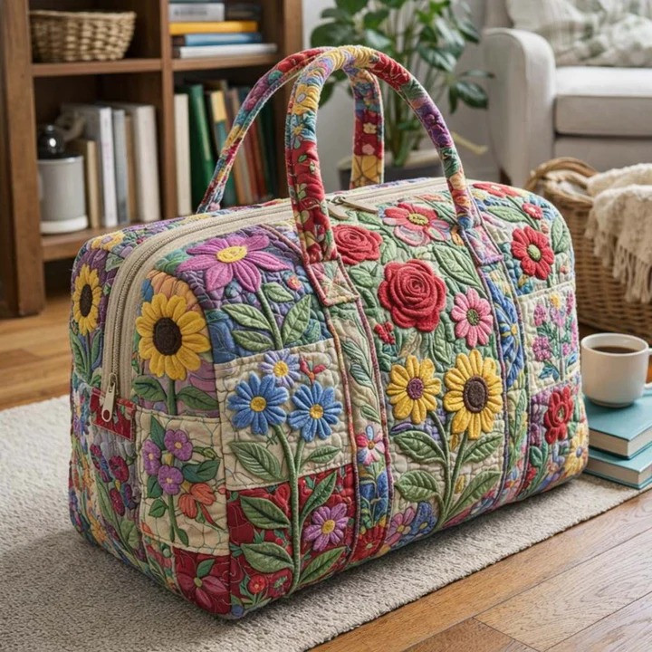 Colorful Garden Floral Quilted Duffle Bag Botanical Travel Bag Best Gift For Flower Lovers