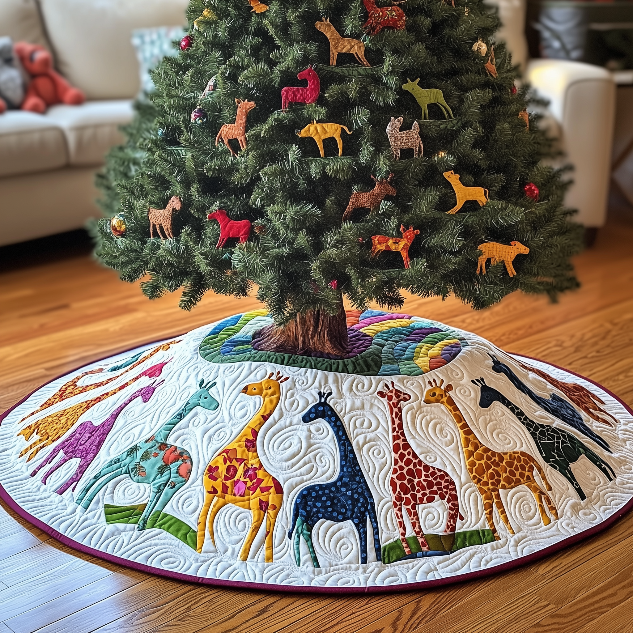 Colorful Giraffes Christmas Quilted Tree Skirt Adorable Easter Gift Merch