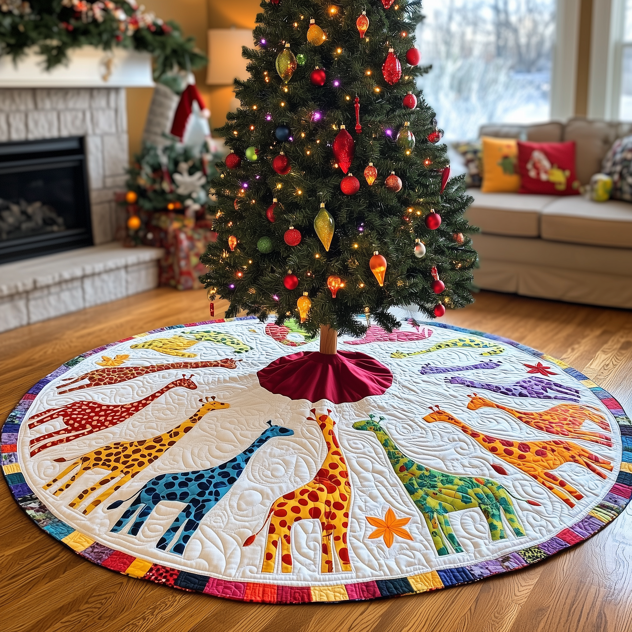 Colorful Giraffes Christmas Quilted Tree Skirt Best Gift Merch For Him