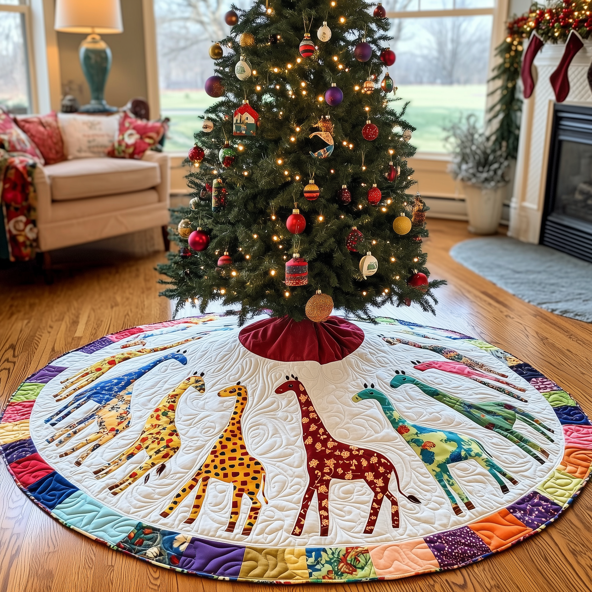 Colorful Giraffes Christmas Quilted Tree Skirt Decorations Gifts With Giraffes On Them
